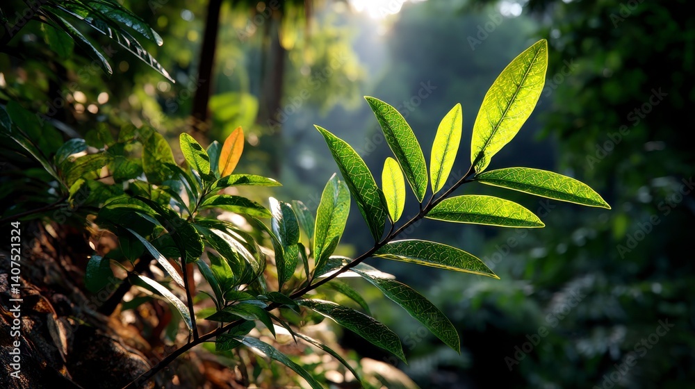 Fototapeta premium Golden Sunlight Cutting Through Thick Jungle Foliage at Dusk