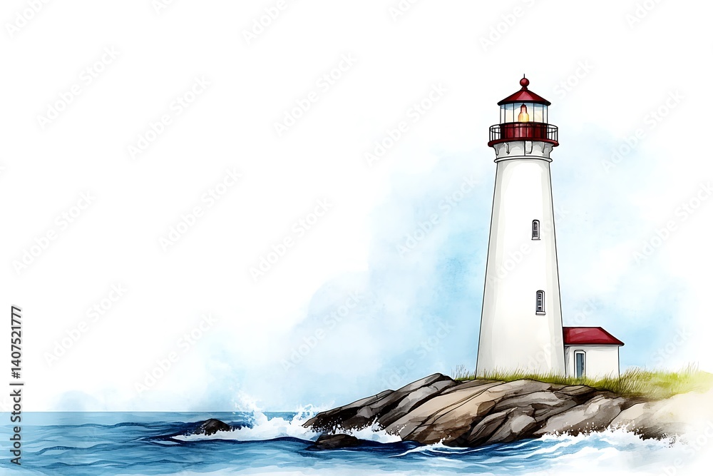 Obraz premium Bright Coastal Lighthouse on Rock Formation with Ocean Waves