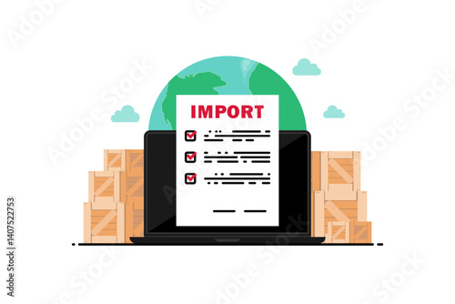 Managing global imports with online documents and shipment tracking, Vector illustration.