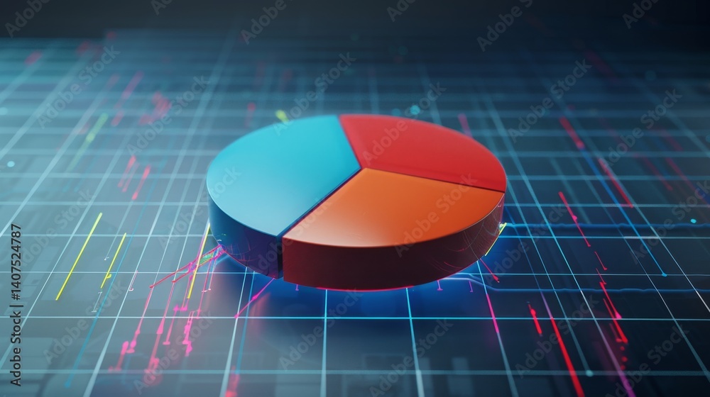 Fototapeta premium Floating D pie chart over a blueprint-style interface with graph elements