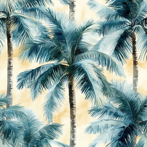 Tropical Palm Trees Watercolor Seamless Pattern Background Jungle Print