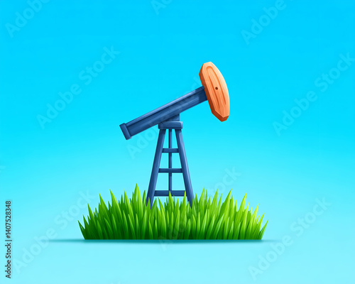 Cartoon oil pump jack in a grassy field against a blue sky