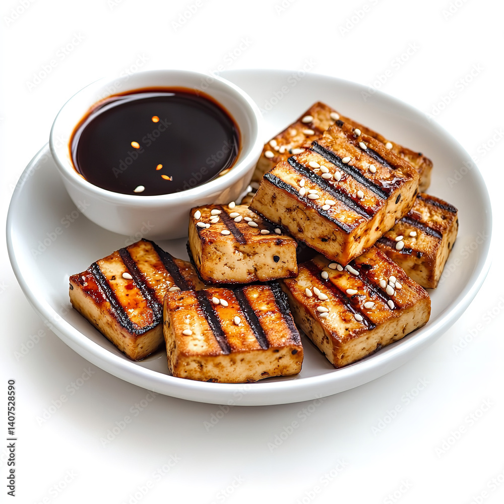 Crispy tofu recipe with sesame seeds and soy sauce served on a white plate vegan food photography Crispy tofu recipe with sesame seeds and soy sauce served on a white plate vegan food photography