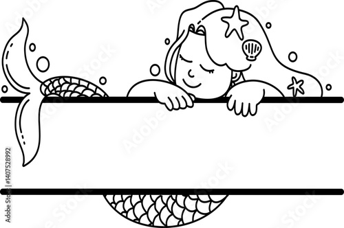 Mermaid cartoon outline split monogram frame