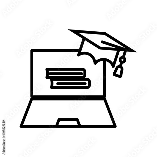 laptop icon with graduation cap, online learning icon, e-learning, simple flat style, illustration, logo sign symbol pictogram template, for ui or ux isolated on white for mobile app, editable