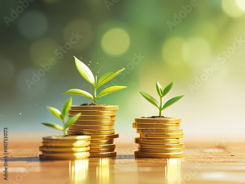 Financial Growth and Investment Concept with Coins and Plants, Money Growth Strategy Illustrated with Coin Stacks and Seedlings, Financial Planning and Wealth Building Concept with Nature Elements
