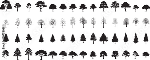 silhouette tree line drawing set, Side view, set of graphics trees elements outline symbol for architecture and landscape design drawing. Vector illustration in stroke fill in white.