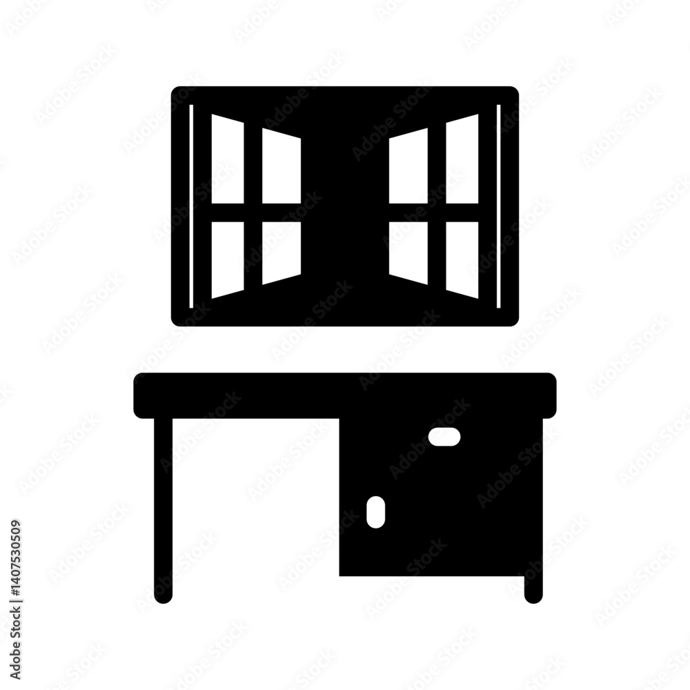 Fototapeta premium Study Desk Icon Element with a book on a table and an open window on a white background