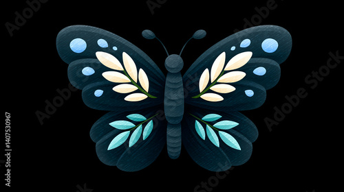 Dark-blue butterfly with teal and white floral accents on black background