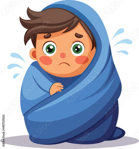 A cartoon child is shivering in a blanket vector illustration,  a sick cartoon kid vector art