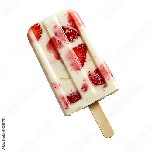 Strawberry Swirl Popsicle with Fresh Fruit Pieces Isolated on Transparent Background,Creamy Strawberry Popsicle with Fresh Fruit,frozen strawberry and cream popsicle,Strawberry Swirl Popsicles