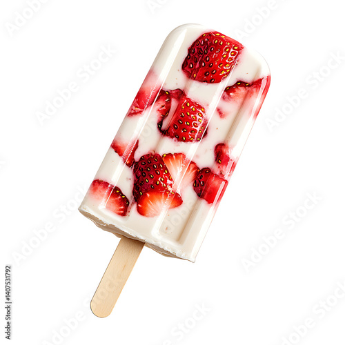 Strawberry Swirl Popsicle with Fresh Fruit Pieces Isolated on Transparent Background,Creamy Strawberry Popsicle with Fresh Fruit,frozen strawberry and cream popsicle,Strawberry Swirl Popsicles