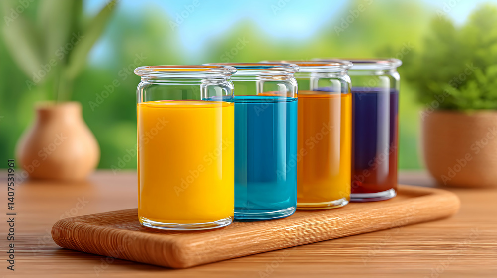Four vibrant colored drinks in glass jars on wooden tray Four vibrant colored drinks in glass jars on wooden tray