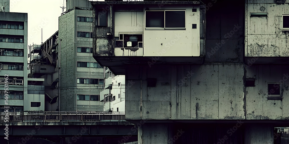 Urban decay, apartment buildings, city bridge, grey sky, architectural photography Urban decay, apartment buildings, city bridge, grey sky, architectural photography