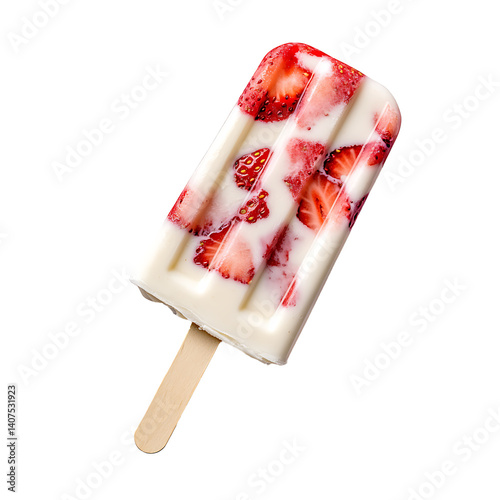 Strawberry Swirl Popsicle with Fresh Fruit Pieces Isolated on Transparent Background,Creamy Strawberry Popsicle with Fresh Fruit,frozen strawberry and cream popsicle,Strawberry Swirl Popsicles