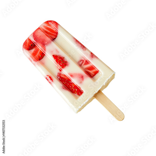 Strawberry Swirl Popsicle with Fresh Fruit Pieces Isolated on Transparent Background,Creamy Strawberry Popsicle with Fresh Fruit,frozen strawberry and cream popsicle,Strawberry Swirl Popsicles