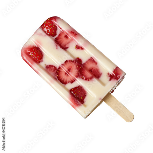Strawberry Swirl Popsicle with Fresh Fruit Pieces Isolated on Transparent Background,Creamy Strawberry Popsicle with Fresh Fruit,frozen strawberry and cream popsicle,Strawberry Swirl Popsicles