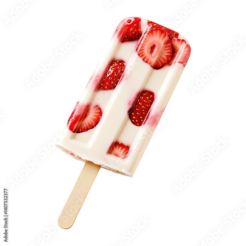 Strawberry Swirl Popsicle with Fresh Fruit Pieces Isolated on Transparent Background,Creamy Strawberry Popsicle with Fresh Fruit,frozen strawberry and cream popsicle,Strawberry Swirl Popsicles