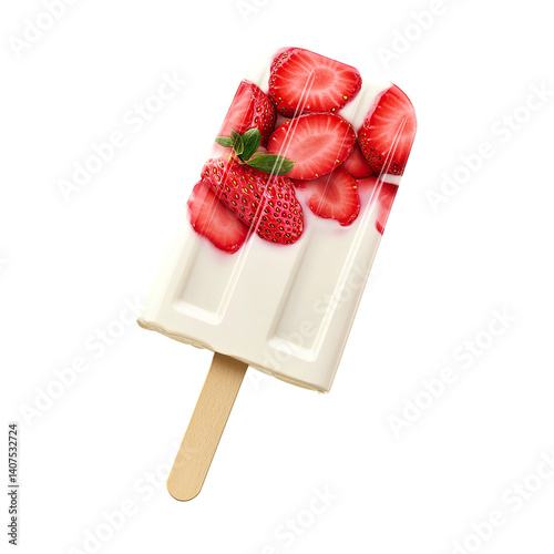 Strawberry Swirl Popsicle with Fresh Fruit Pieces Isolated on Transparent Background,Creamy Strawberry Popsicle with Fresh Fruit,frozen strawberry and cream popsicle,Strawberry Swirl Popsicles