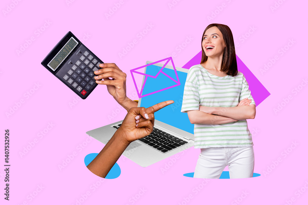 3d sketch poster trend collage image of happy businesswoman accountant receive money calculator hands point hold laptop letter 3d sketch poster trend collage image of happy businesswoman accountant receive money calculator hands point hold laptop letter