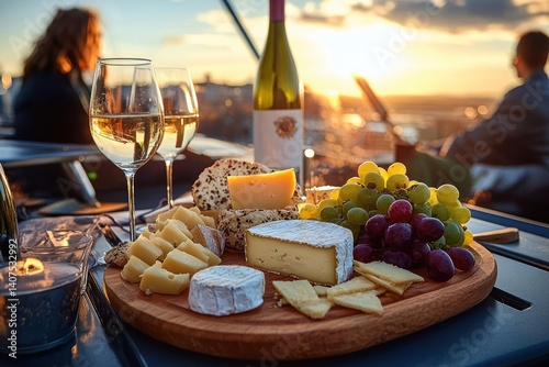 Rooftop Dining Scene with Wine and Cheese Platter at Sunset