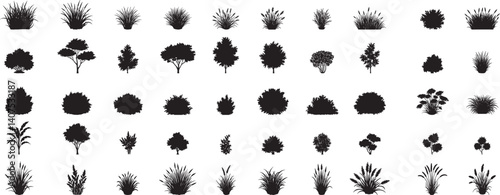 set of bush grass shrub herb silhouette vector transparent background