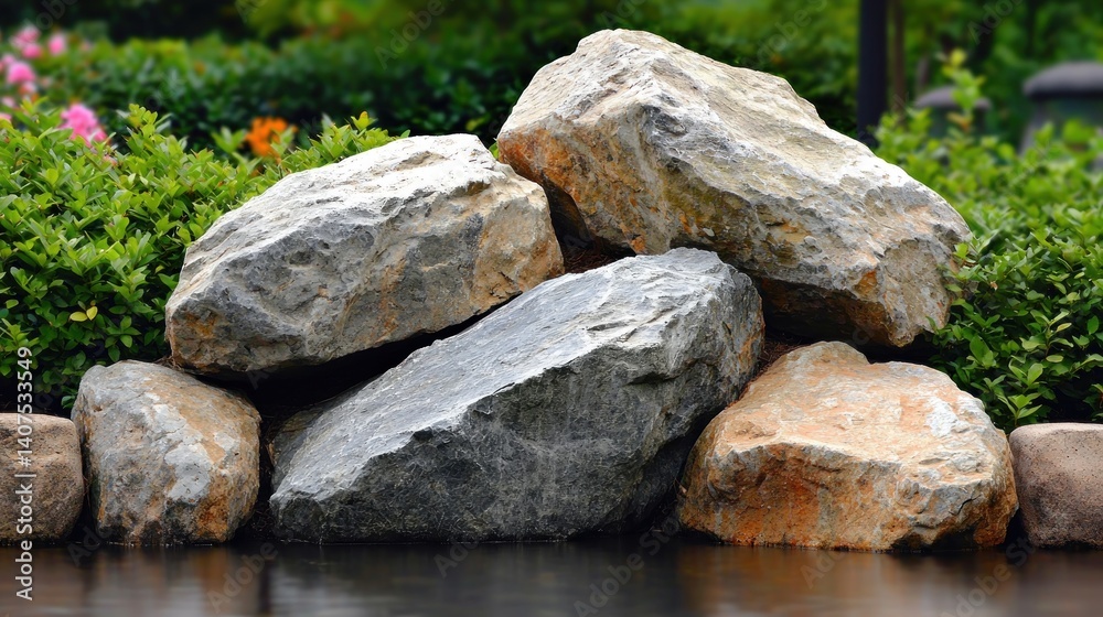 Large rocks form a natural garden border, nestled beside a water feature Large rocks form a natural garden border, nestled beside a water feature