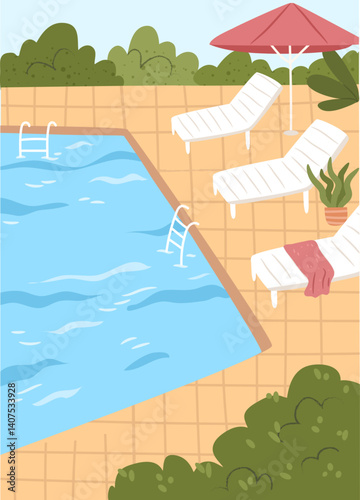 Traveling and resting, tourism and ecotour vacation, holidays or weekends. Vector outdoor pool with chaise longue and tropical umbrella, swimming and tanning. Wildlife bushes and natural greenery