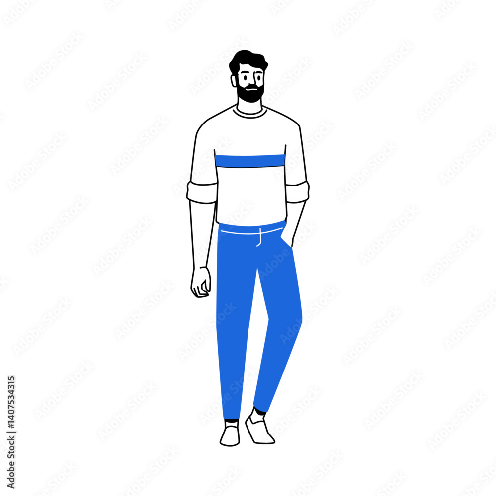 Standing still, isolated relaxed male personage wearing casual clothes style. Vector walking or strolling character enjoying outside. Front view of guy, movement and motion of human body Standing still, isolated relaxed male personage wearing casual clothes style. Vector walking or strolling character enjoying outside. Front view of guy, movement and motion of human body