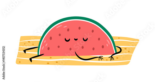 Cute watermelon slice character with sleepy face and closed eyes. Vector ripe summer berry. Healthy vegetarian food personage. Cartoon isolated character resting on beach towel on vacation