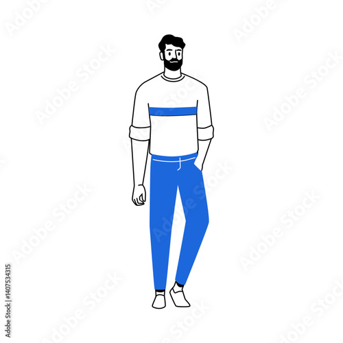 Standing still, isolated relaxed male personage wearing casual clothes style. Vector walking or strolling character enjoying outside. Front view of guy, movement and motion of human body