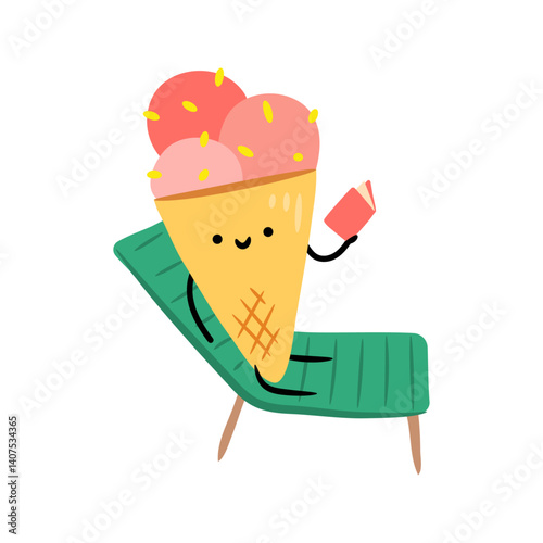 Cute sugar cone with scoops of ice cream and sprinkles, summer sweet character lying on deck chair and reading book. Vector isolated ice dessert with positive expression. Gelato mascot personage