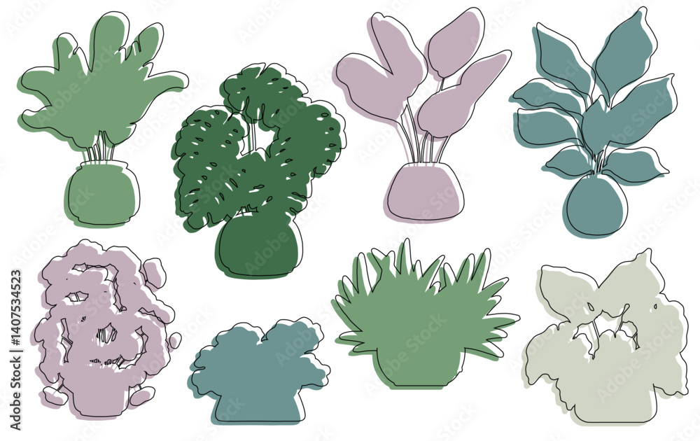 Home plants in flowerpot. Collection of indoor plants. Decorative natural elemen Houseplants isolated. Hand drawn. Set collection. Green, blue, pink, brown, beige pastel colors. Print, poster, banner.