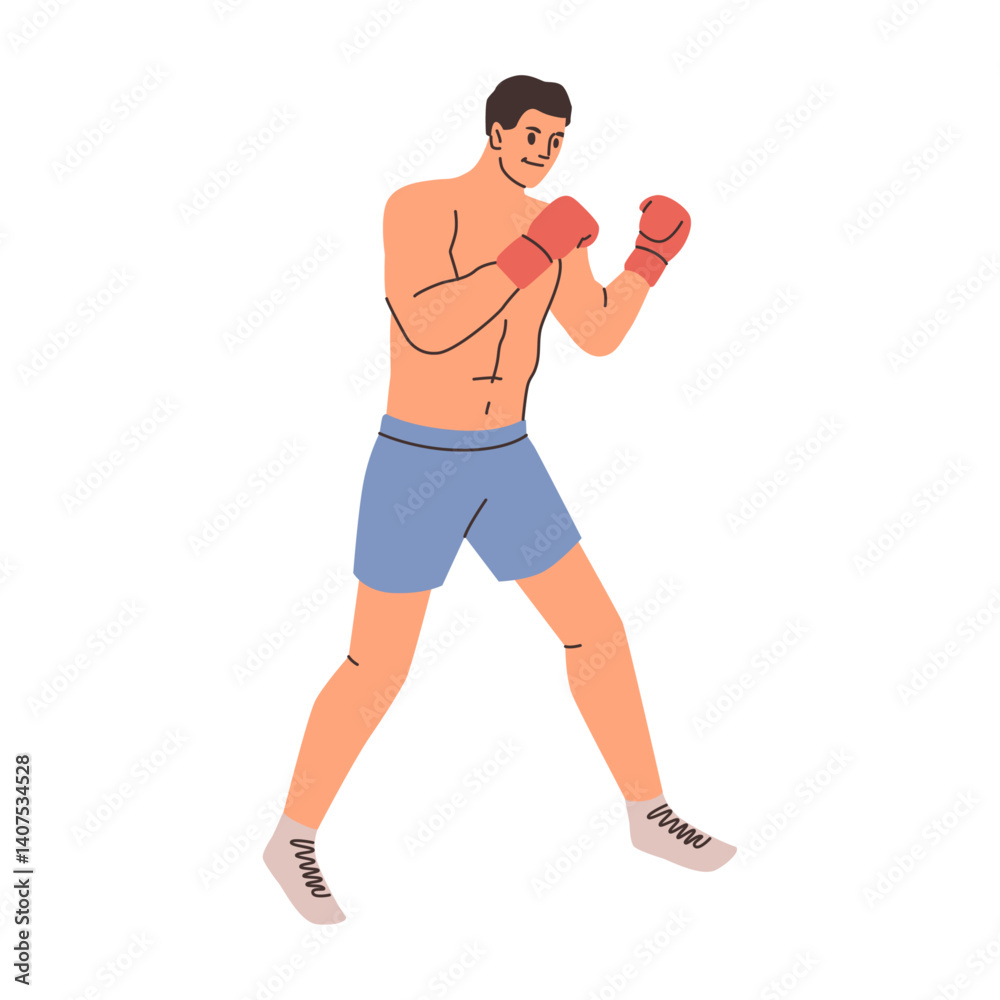 Man in protective gloves and shorts practicing and training for fight with opponents on ring. Vector isolated male personage boxing, fight and box activity hobby and recreation for champion men Man in protective gloves and shorts practicing and training for fight with opponents on ring. Vector isolated male personage boxing, fight and box activity hobby and recreation for champion men