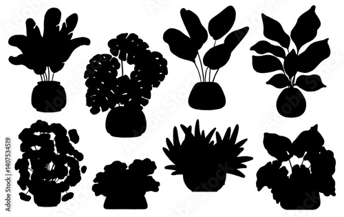 Home plants in flowerpot. Collection of indoor plants. Decorative natural elemen Houseplants isolated. Hand drawn. Set collection. Green, blue, pink, brown, beige pastel colors. Print, poster, banner.