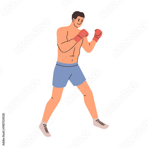 Man in protective gloves and shorts practicing and training for fight with opponents on ring. Vector isolated male personage boxing, fight and box activity hobby and recreation for champion men