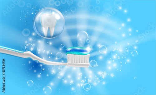 Advertising toothpaste or toothbrush helping to protect teeth from cavities and plaque. Vector realistic ads with shining effect and water bubbles. Protected and healthy tool, oral healthcare
