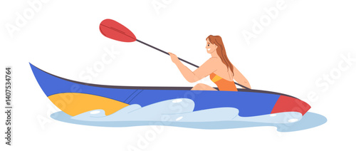 Canoeing water sports summer activity and fun. Vector isolated female character holding oar, swimming in canoe boat. Sports and recreation in resort, summertime holiday rest and sportive training