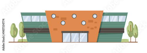 Supermarket exterior, isolated hypermarket facade. Vector building with modern look, panoramic windows and brick, entrance and wooden elements on walls. Landscape design and surrounding area