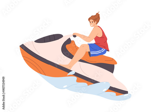 Female character riding on ski jet. Vector isolated woman trying jetskiing. Vacation and rest in summer, water activities and extreme hobbies. Lady on motor boat having fun. Resort or holiday