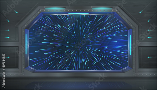 Fast spaceship with window view on moving stars. Vector realistic style, shuttle interior design, steel and metal parts and neon light. Spacecraft for traveling and exploring galaxy world