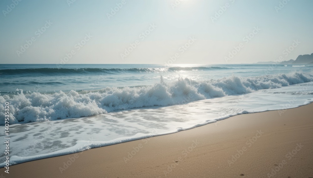 Sunlit Shoreline: Frothy Waves Crashing on Sandy Beach Sunlit Shoreline: Frothy Waves Crashing on Sandy Beach