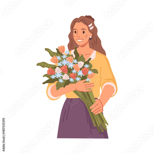 Elegant and tender woman with bouquet in hands. Vector flat cartoon character, isolated female personage with bouquet. Smiling girl returning from date, present on holiday or anniversary