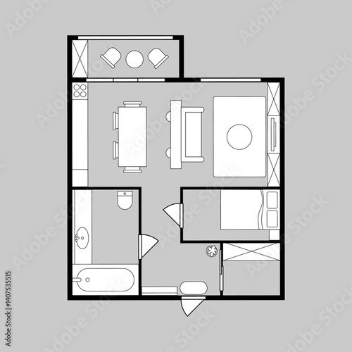 Top view of architectural plan of apartment renovation or construction. Vector walls and doors, furniture placement and arrangement of decorative elements. Real estate investment structure