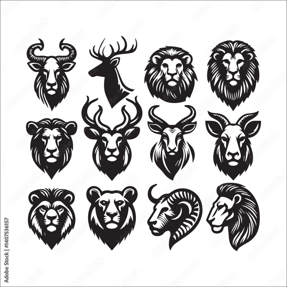 Black and white animal head silhouettes for graphic design. A collection of 12 black and white silhouette animal head illustrations. Black and white animal head silhouettes for graphic design. A collection of 12 black and white silhouette animal head illustrations.