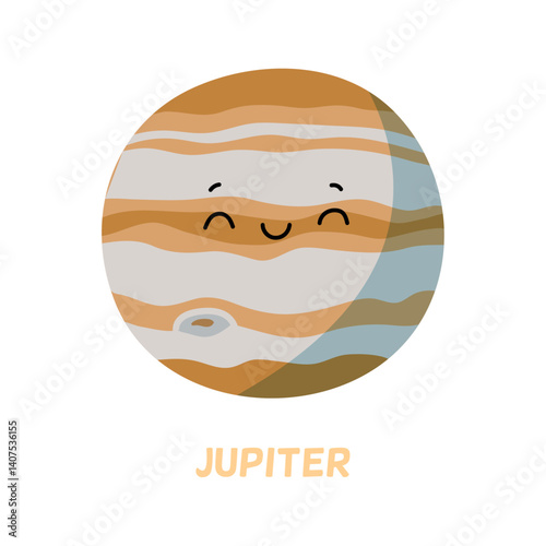 Solar system personage, isolated cute jupiter character with smiling face and closed eyes. Vector in flat style, celestial body with peaceful expression, sticker or emoticon of astronomy theme