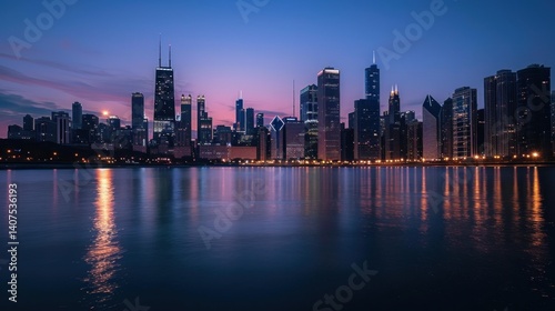Blurred city skyline at twilight with reflections