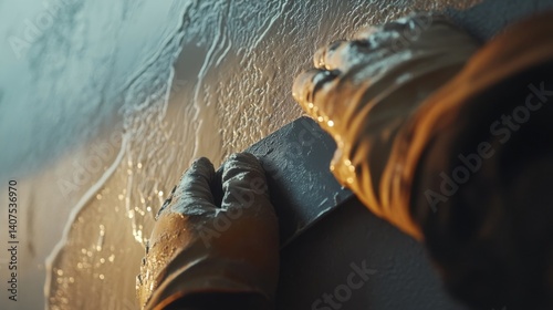 Plasterer smoothing fresh wall plaster with steel trowel. Featuring craftsmanship and finesse