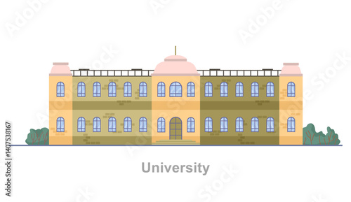 University exterior, isolated municipal building for students to obtain knowledge and get degree. Vector flat cartoon style, learning and studying educational facade of institution for citizens