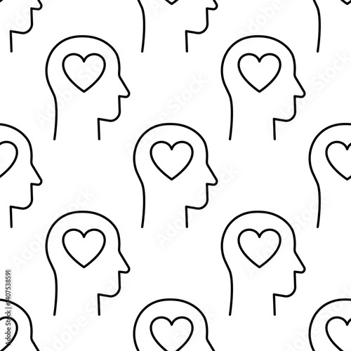 Seamless pattern of head profiles with heart inside.